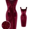 Wine Red 1960s Velvet Elk Bow Dress 2 Wine Red 1960s Velvet Elk Bow Dress -BUNBUN Fancy Clothing Shop SCHL002725 01