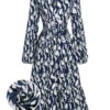 Navy Blue 1930s Geometric Printed V-Neck Dress -BUNBUN Fancy Clothing Shop SCHL002735 NB 01 1
