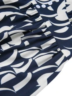 Navy Blue 1930s Geometric Printed V-Neck Dress -BUNBUN Fancy Clothing Shop SCHL002735 NB 01 6