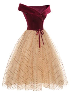 Burgundy 1950s Velvet Mesh Polka Dot Dress -BUNBUN Fancy Clothing Shop SCHL002745 2