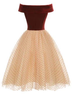 Burgundy 1950s Velvet Mesh Polka Dot Dress -BUNBUN Fancy Clothing Shop SCHL002745 3