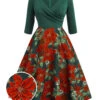 Green 1950s V-Neck Floral Patchwork Dress -BUNBUN Fancy Clothing Shop SCHL002759 01