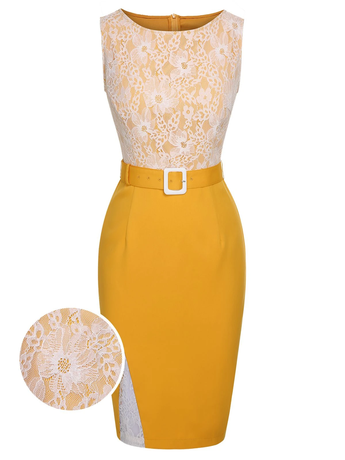 Yellow 1960s Solid Lace Patchwork Belt Dress 4 Yellow 1960s Solid Lace Patchwork Belt Dress - Image 2