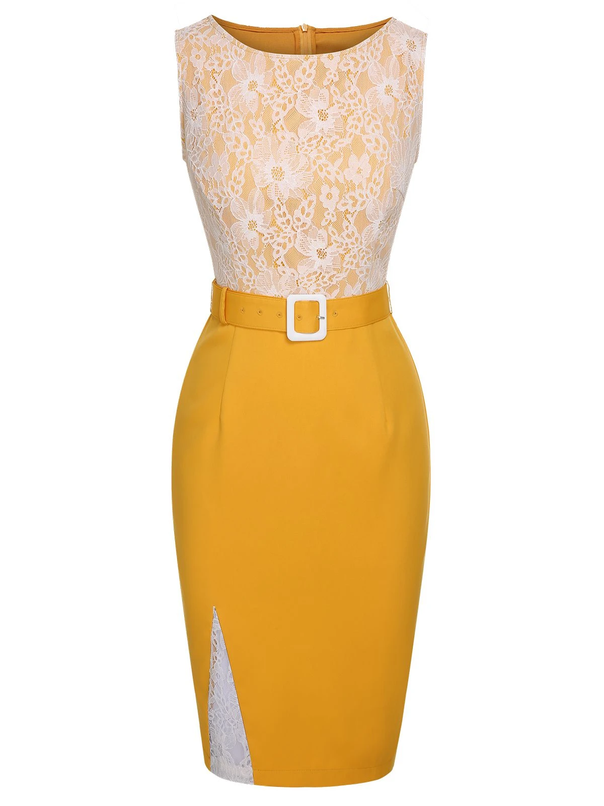 Yellow 1960s Solid Lace Patchwork Belt Dress 5 Yellow 1960s Solid Lace Patchwork Belt Dress - Image 3