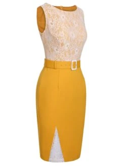 Yellow 1960s Solid Lace Patchwork Belt Dress 13 Yellow 1960s Solid Lace Patchwork Belt Dress -BUNBUN Fancy Clothing Shop SCHL002764 2