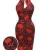 Deep Red 1960s Halloween Skull Halter Dress