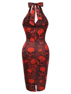 Deep Red 1960s Halloween Skull Halter Dress -BUNBUN Fancy Clothing Shop SCHL002786 3