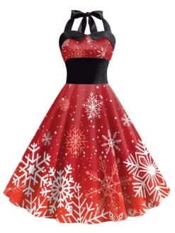 Red 1950s Christmas Snowflake Halter Dress