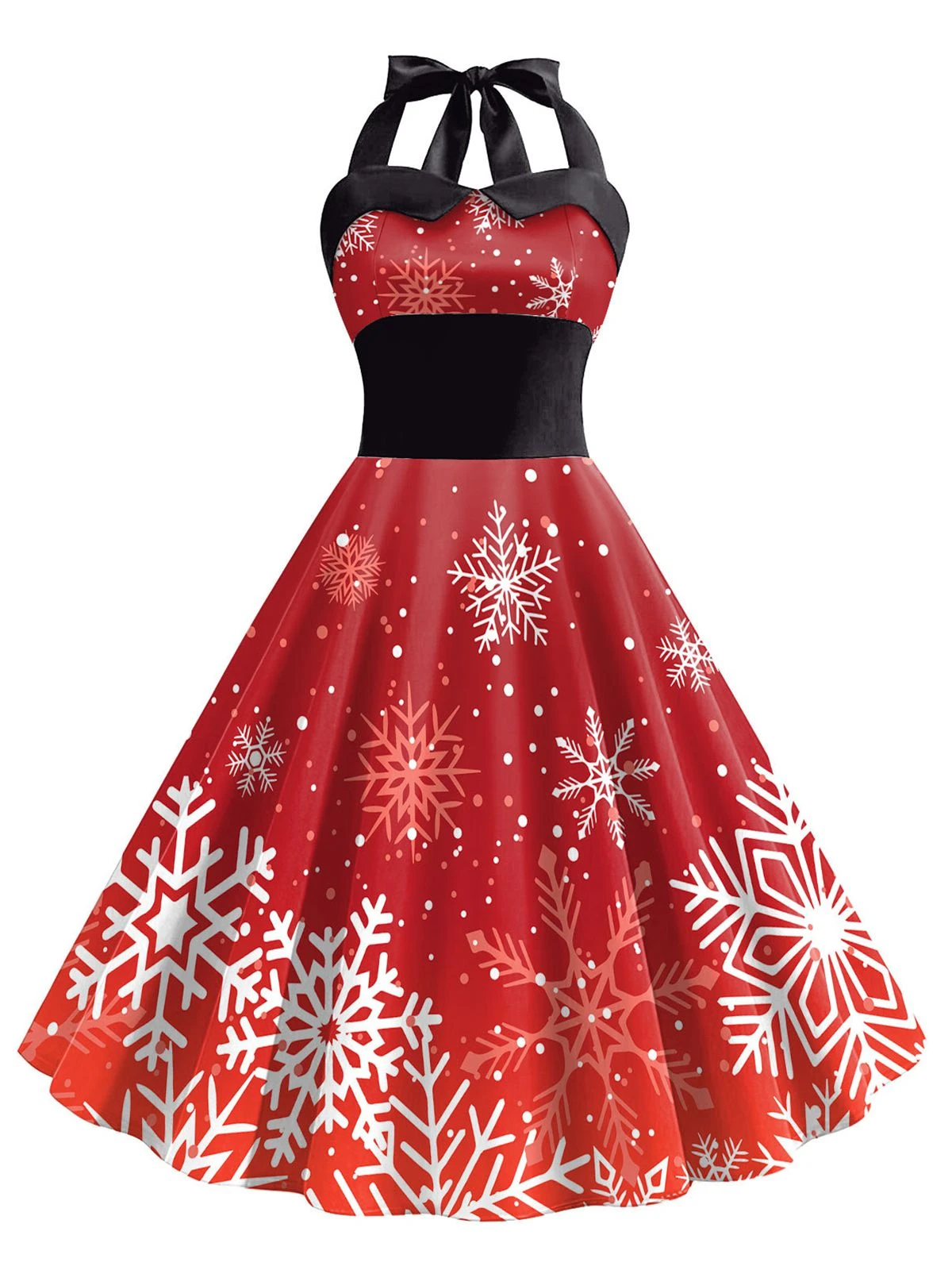 Red 1950s Christmas Snowflake Halter Dress 3 Red 1950s Christmas Snowflake Halter Dress