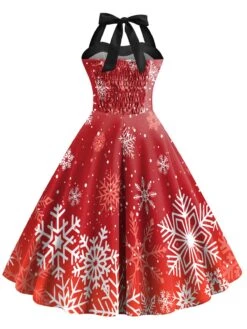 Red 1950s Christmas Snowflake Halter Dress 7 Red 1950s Christmas Snowflake Halter Dress -BUNBUN Fancy Clothing Shop SCHL002793 3 compressed