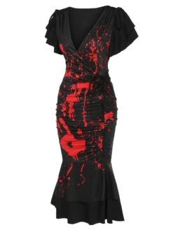 Black 1930s V-Neck Blood Handprint Fishtail Dress -BUNBUN Fancy Clothing Shop SCHL002794 2