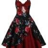 Deep Red 1950s Rose Strap Patchwork Dress -BUNBUN Fancy Clothing Shop SCHL002830 DER 1