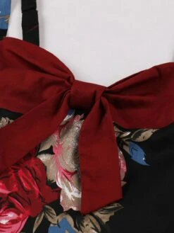 Deep Red 1950s Rose Strap Patchwork Dress -BUNBUN Fancy Clothing Shop SCHL002830 DER 3