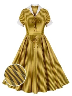Yellow 1950s Bow Striped Swing Dress