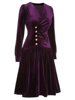 Purple 1940s Solid Velvet Buttons Dress -BUNBUN Fancy Clothing Shop SCHL002886 2