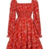 Red 1950s Ditsy Floral Bishop Long Sleeve Dress -BUNBUN Fancy Clothing Shop SCHL002944 1