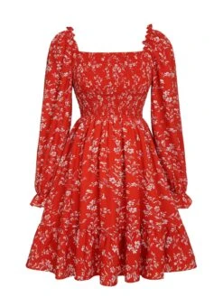 Red 1950s Ditsy Floral Bishop Long Sleeve Dress