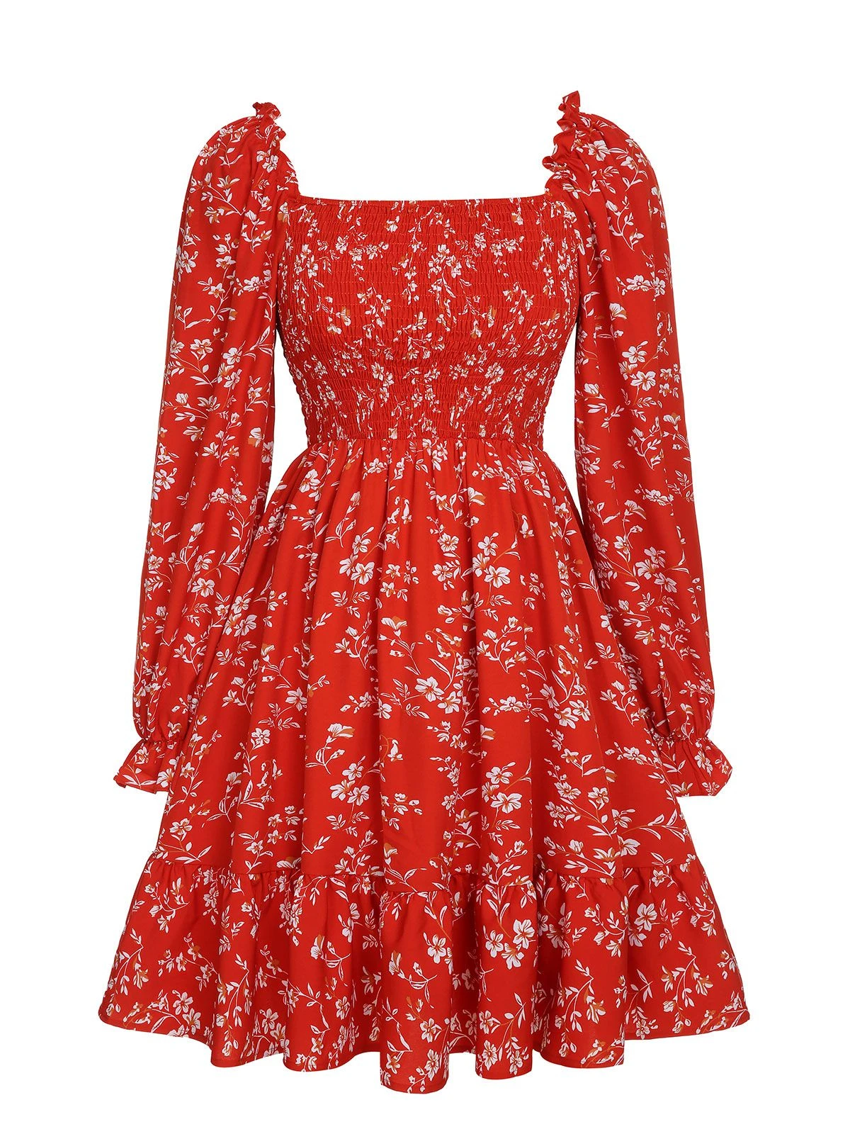 Red 1950s Ditsy Floral Bishop Long Sleeve Dress 3 Red 1950s Ditsy Floral Bishop Long Sleeve Dress