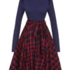 Blue 1950s Long Sleeve Plaid Dress -BUNBUN Fancy Clothing Shop SCHL002948 1