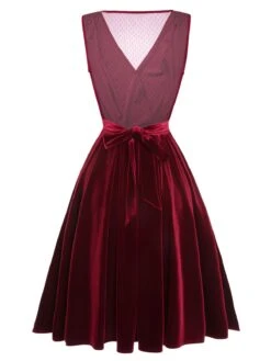 Red 1950s Velvet Polka Dot Lined Bow Dress -BUNBUN Fancy Clothing Shop SCHL002966 3