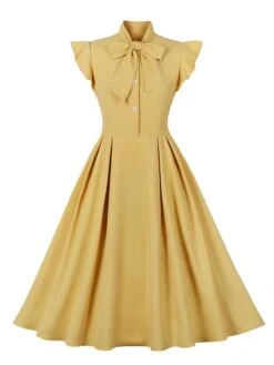 1950s Solid Ruffle Sleeve Bow Neck Dress -BUNBUN Fancy Clothing Shop SCHL003045 MDY 1