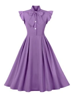 1950s Solid Ruffle Sleeve Bow Neck Dress -BUNBUN Fancy Clothing Shop SCHL003045 PU 1