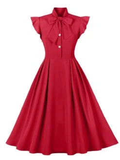 1950s Solid Ruffle Sleeve Bow Neck Dress -BUNBUN Fancy Clothing Shop SCHL003045 R 1