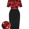 Red & Black 1960s Plaid Bow Collar Pencil Dress -BUNBUN Fancy Clothing Shop SCHL003071 TR 1