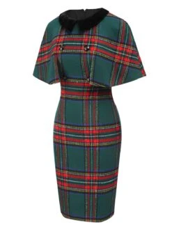 1960s Plaid Cloak Sleeve Velvet Collar Dress -BUNBUN Fancy Clothing Shop SCHL003078 2 compressed