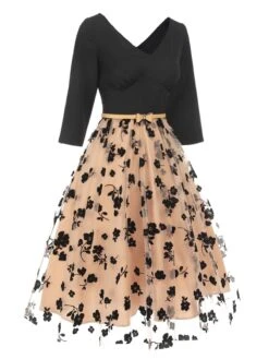 Beige 1950s Floral Mesh Patchwork Belt Dress -BUNBUN Fancy Clothing Shop SCHL003084 2