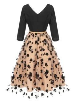 Beige 1950s Floral Mesh Patchwork Belt Dress -BUNBUN Fancy Clothing Shop SCHL003084 3