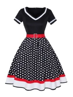Multicolor 1950s Polka Dots Patchwork Belted Dress 16 Multicolor 1950s Polka Dots Patchwork Belted Dress -BUNBUN Fancy Clothing Shop SCHL003093 B 2
