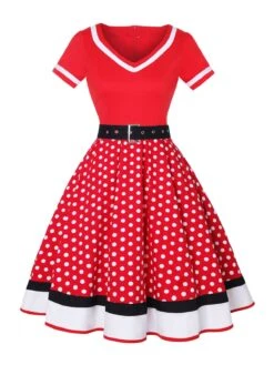 Multicolor 1950s Polka Dots Patchwork Belted Dress 14 Multicolor 1950s Polka Dots Patchwork Belted Dress -BUNBUN Fancy Clothing Shop SCHL003093 R 1