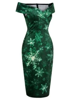 Green 1960s Christmas Snowflake Off-Shoulder Dress -BUNBUN Fancy Clothing Shop SCHL003104 2 compressed