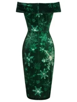 Green 1960s Christmas Snowflake Off-Shoulder Dress -BUNBUN Fancy Clothing Shop SCHL003104 3 compressed