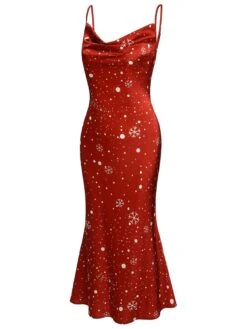 Red 1930s Christmas Strap Snowflake Mermaid Dress -BUNBUN Fancy Clothing Shop SCHL003107 2 compressed