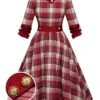 Red 1950s Roll Up Scottish Plaid Dress -BUNBUN Fancy Clothing Shop SCHL003134 01