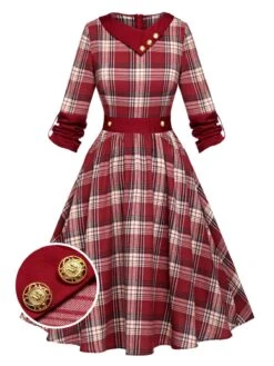 Red 1950s Roll Up Scottish Plaid Dress