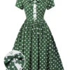 Green 1940s Polka Dot Bowknot Patchwork Dress -BUNBUN Fancy Clothing Shop SCHL003135 01