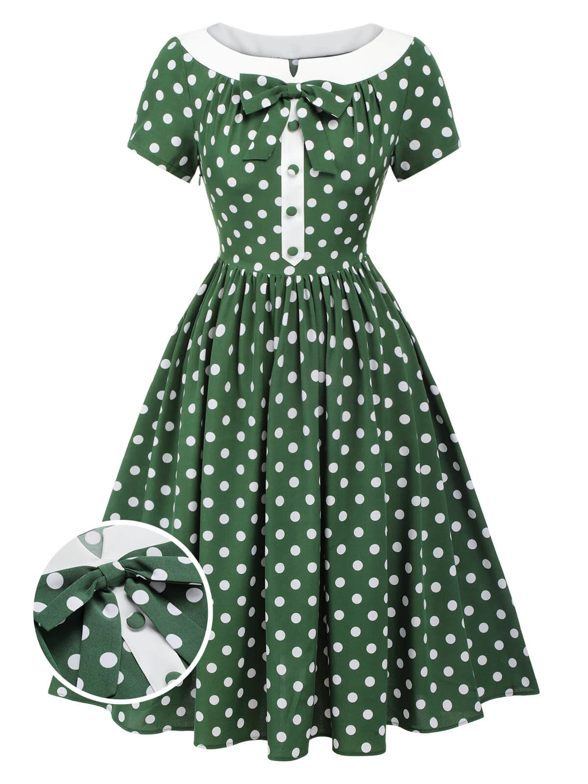 Green 1940s Polka Dot Bowknot Patchwork Dress 3 Green 1940s Polka Dot Bowknot Patchwork Dress