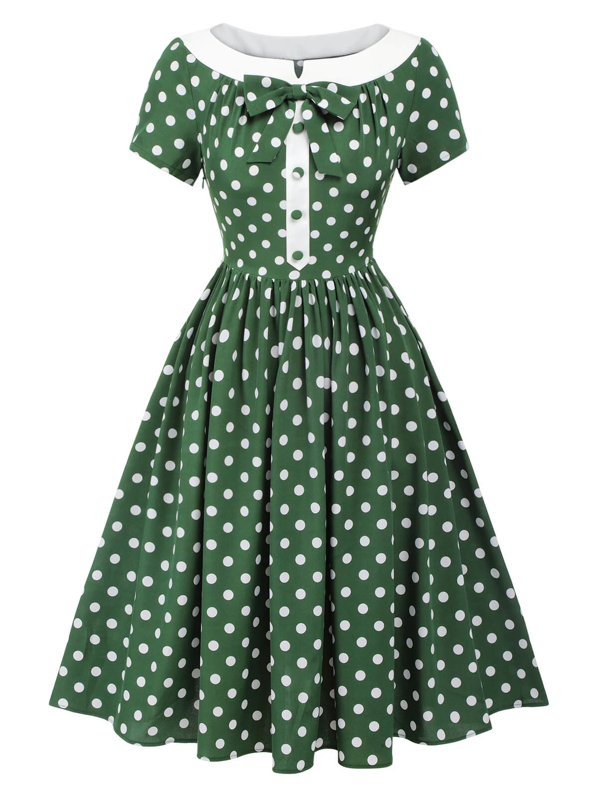 Green 1940s Polka Dot Bowknot Patchwork Dress 4 Green 1940s Polka Dot Bowknot Patchwork Dress - Image 2