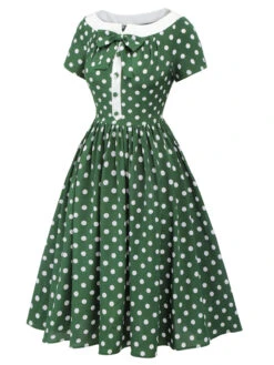 Green 1940s Polka Dot Bowknot Patchwork Dress 11 Green 1940s Polka Dot Bowknot Patchwork Dress -BUNBUN Fancy Clothing Shop SCHL003135 2