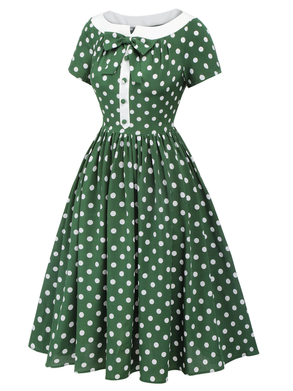 Green 1940s Polka Dot Bowknot Patchwork Dress 5 Green 1940s Polka Dot Bowknot Patchwork Dress - Image 3
