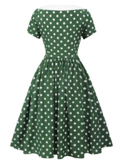 Green 1940s Polka Dot Bowknot Patchwork Dress 12 Green 1940s Polka Dot Bowknot Patchwork Dress -BUNBUN Fancy Clothing Shop SCHL003135 3