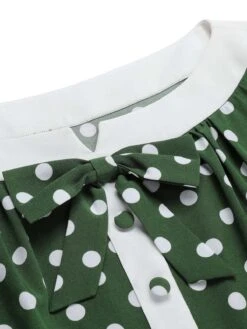 Green 1940s Polka Dot Bowknot Patchwork Dress 13 Green 1940s Polka Dot Bowknot Patchwork Dress -BUNBUN Fancy Clothing Shop SCHL003135 4