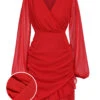 Red 1960s Solid Chiffon Surplice V-Neck Dress -BUNBUN Fancy Clothing Shop SCHL003137 01