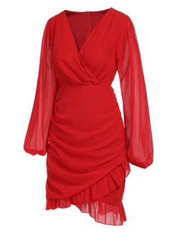 Red 1960s Solid Chiffon Surplice V-Neck Dress -BUNBUN Fancy Clothing Shop SCHL003137 2