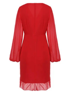 Red 1960s Solid Chiffon Surplice V-Neck Dress -BUNBUN Fancy Clothing Shop SCHL003137 3