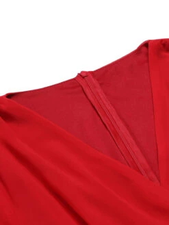 Red 1960s Solid Chiffon Surplice V-Neck Dress -BUNBUN Fancy Clothing Shop SCHL003137 6