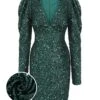 Green 1960s Christmas Sequin V-Neck Pencil Dress -BUNBUN Fancy Clothing Shop SCHL003142 01